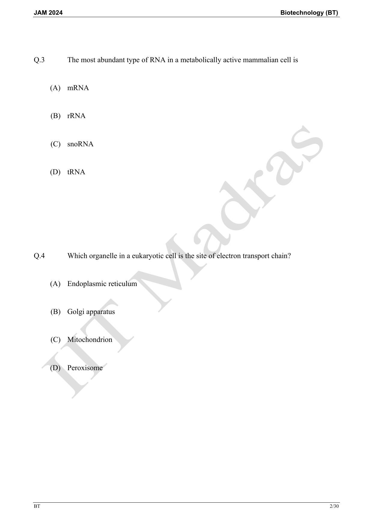 IIT JAM 2024 Biotechnology (BT) Master Question Paper - Page 2