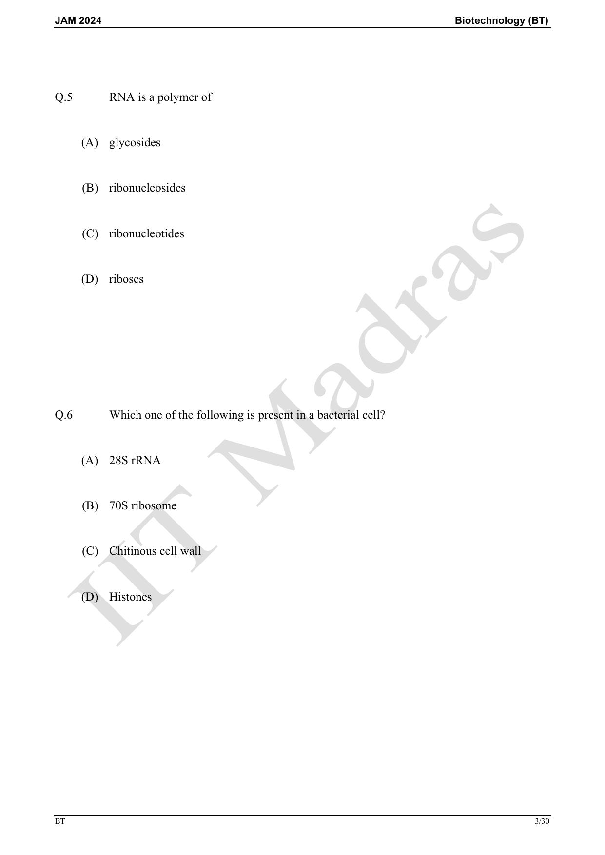 IIT JAM 2024 Biotechnology (BT) Master Question Paper - Page 3