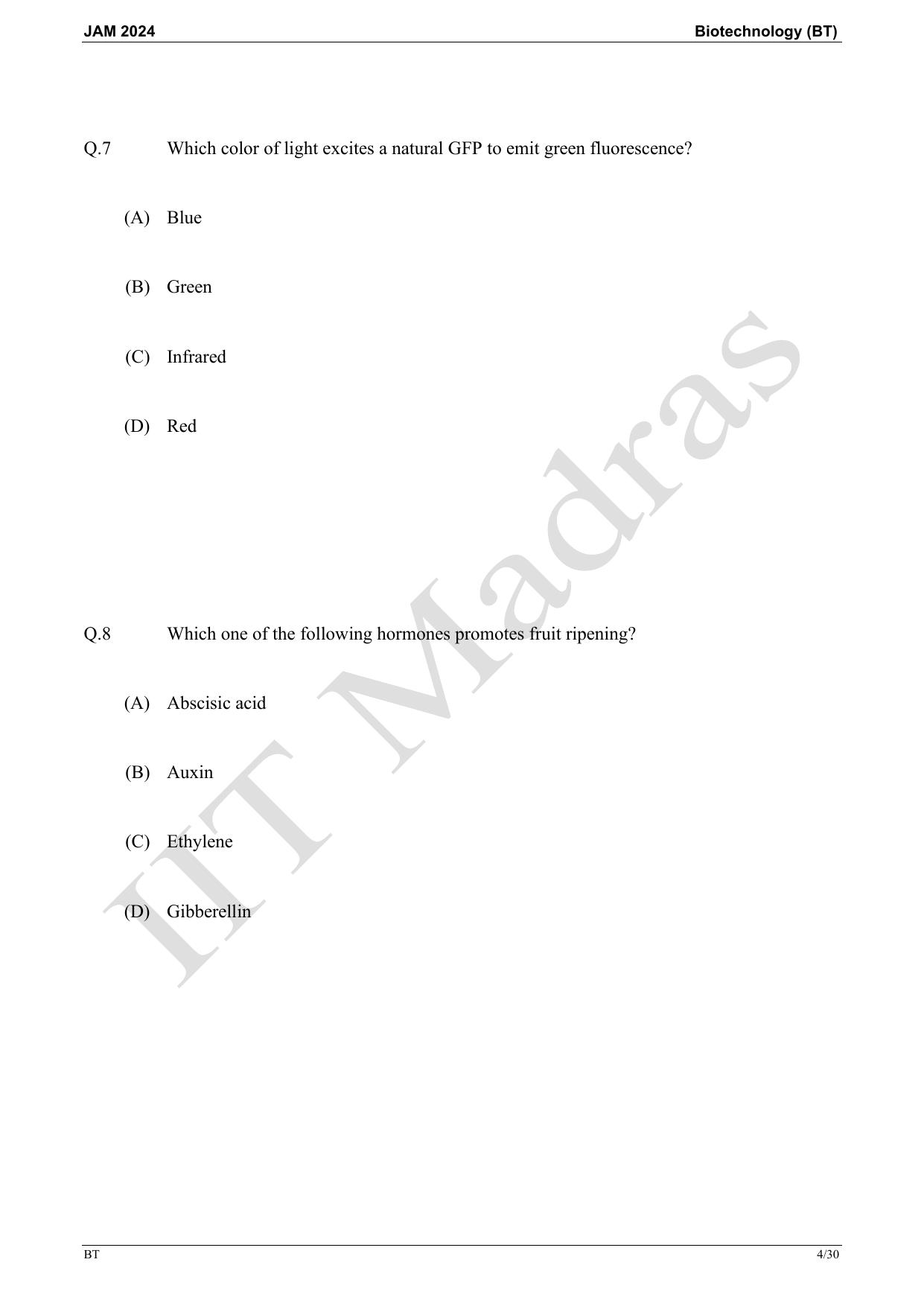 IIT JAM 2024 Biotechnology (BT) Master Question Paper - Page 4