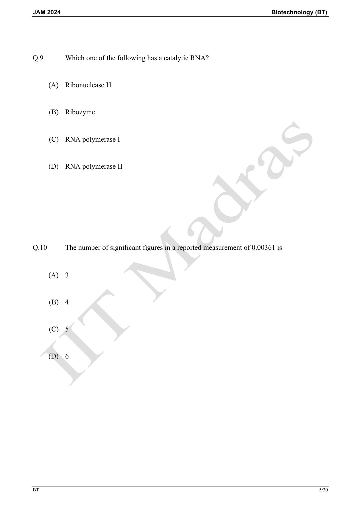 IIT JAM 2024 Biotechnology (BT) Master Question Paper - Page 5