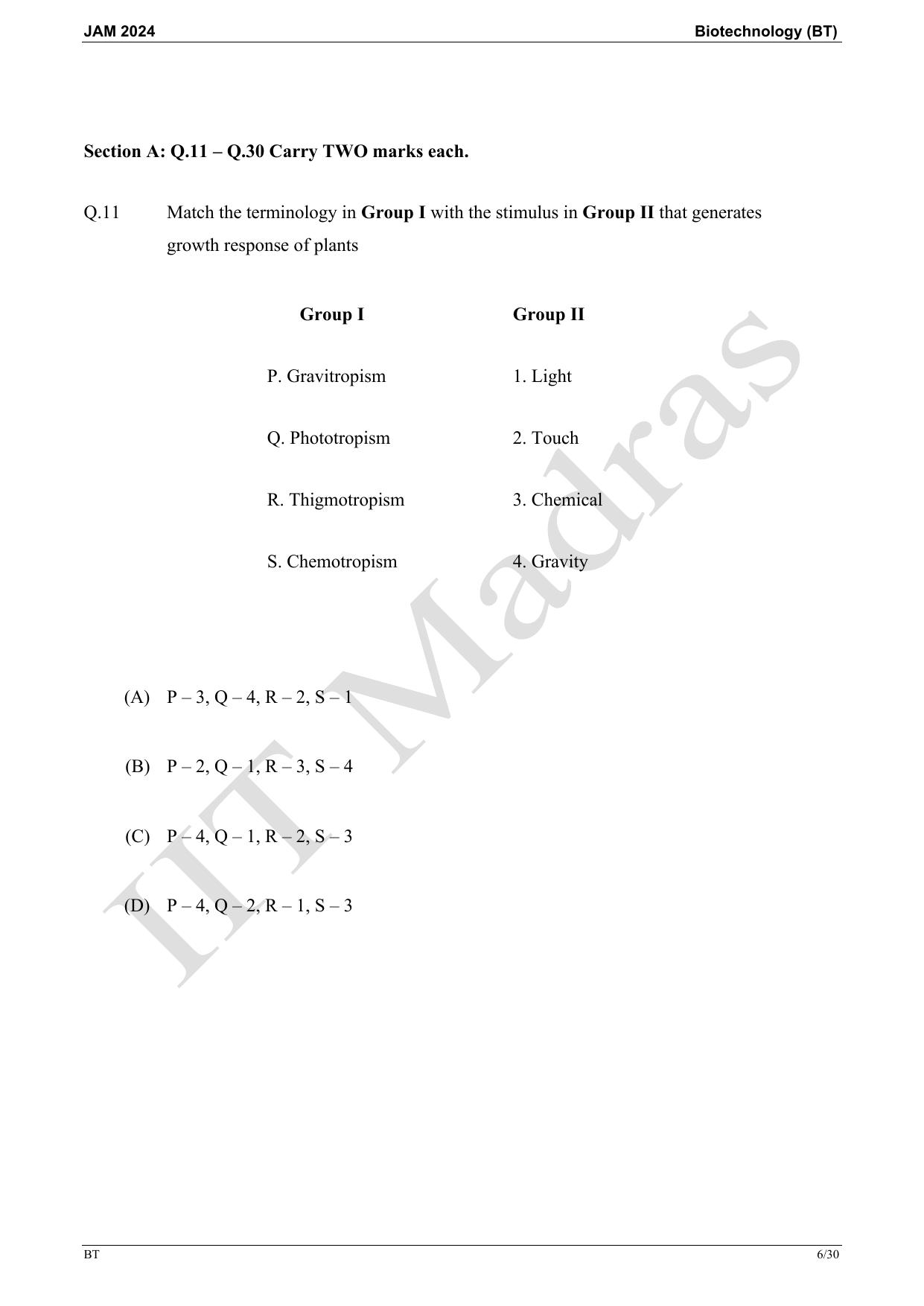 IIT JAM 2024 Biotechnology (BT) Master Question Paper - Page 6