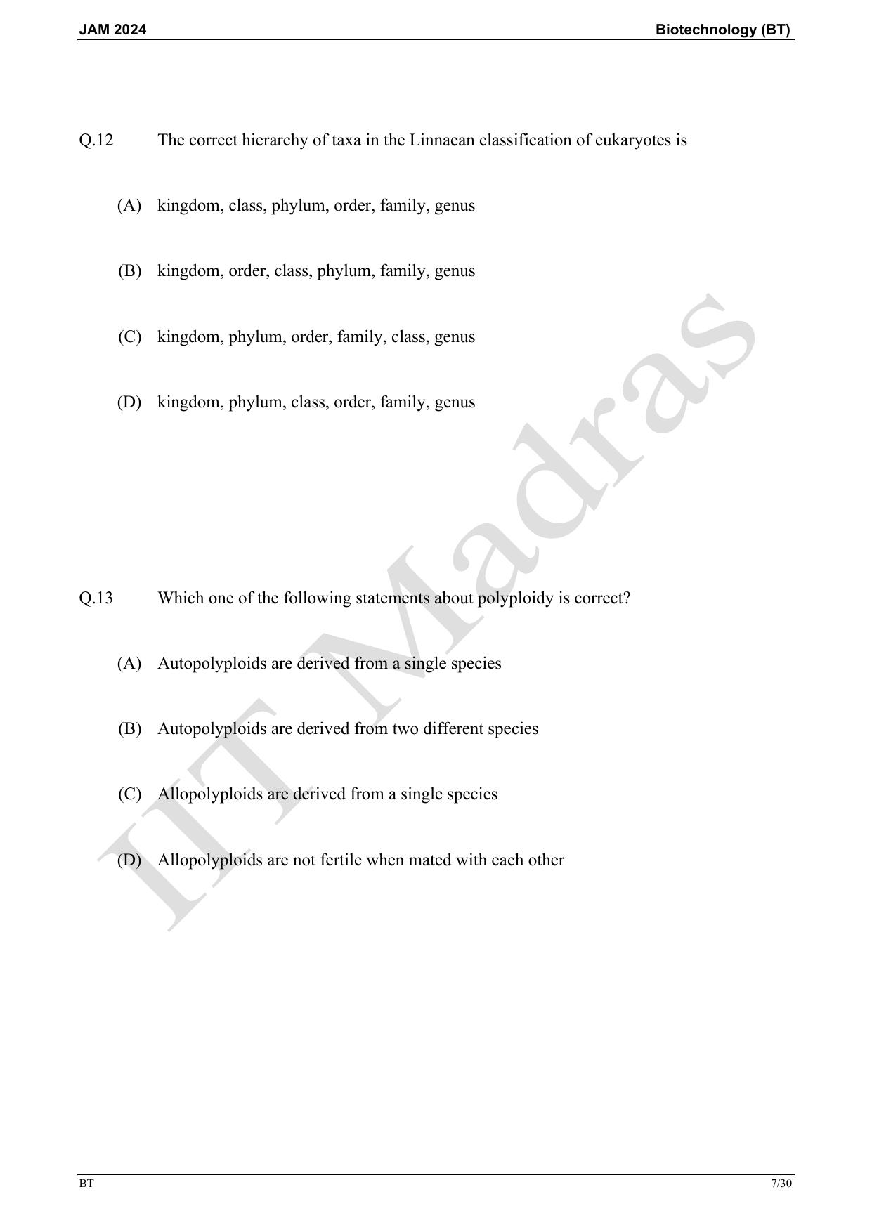 IIT JAM 2024 Biotechnology (BT) Master Question Paper - Page 7