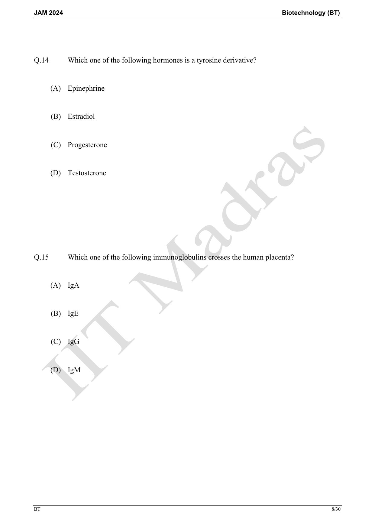 IIT JAM 2024 Biotechnology (BT) Master Question Paper - Page 8
