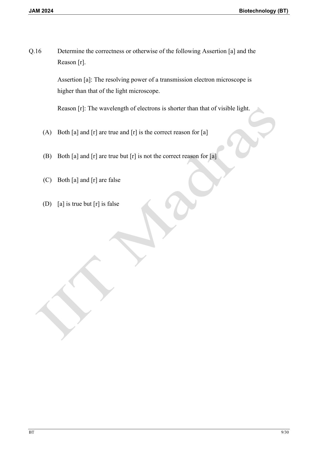 IIT JAM 2024 Biotechnology (BT) Master Question Paper - Page 9