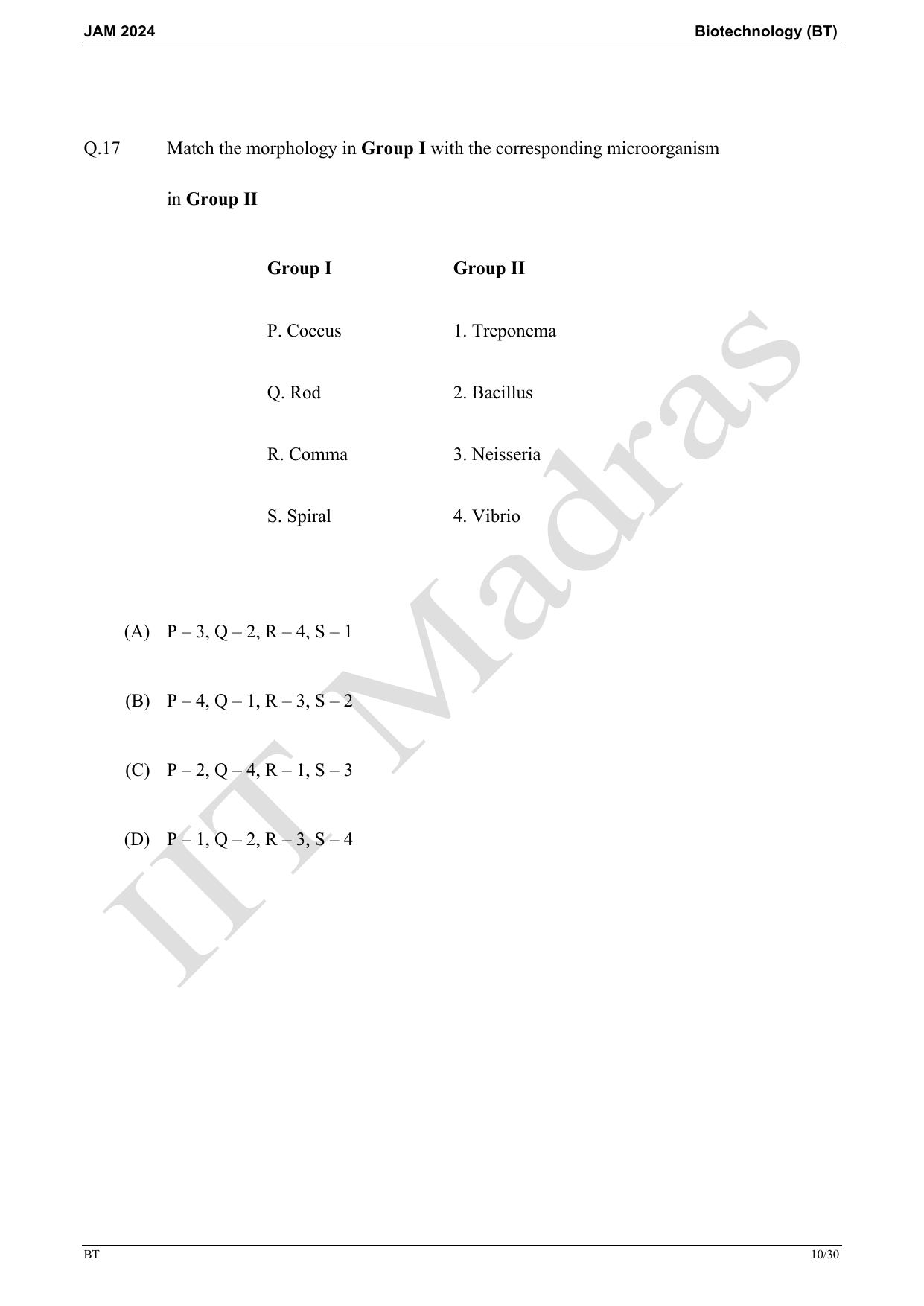 IIT JAM 2024 Biotechnology (BT) Master Question Paper - Page 10