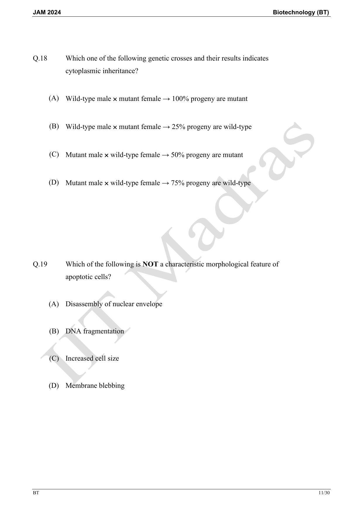 IIT JAM 2024 Biotechnology (BT) Master Question Paper - Page 11