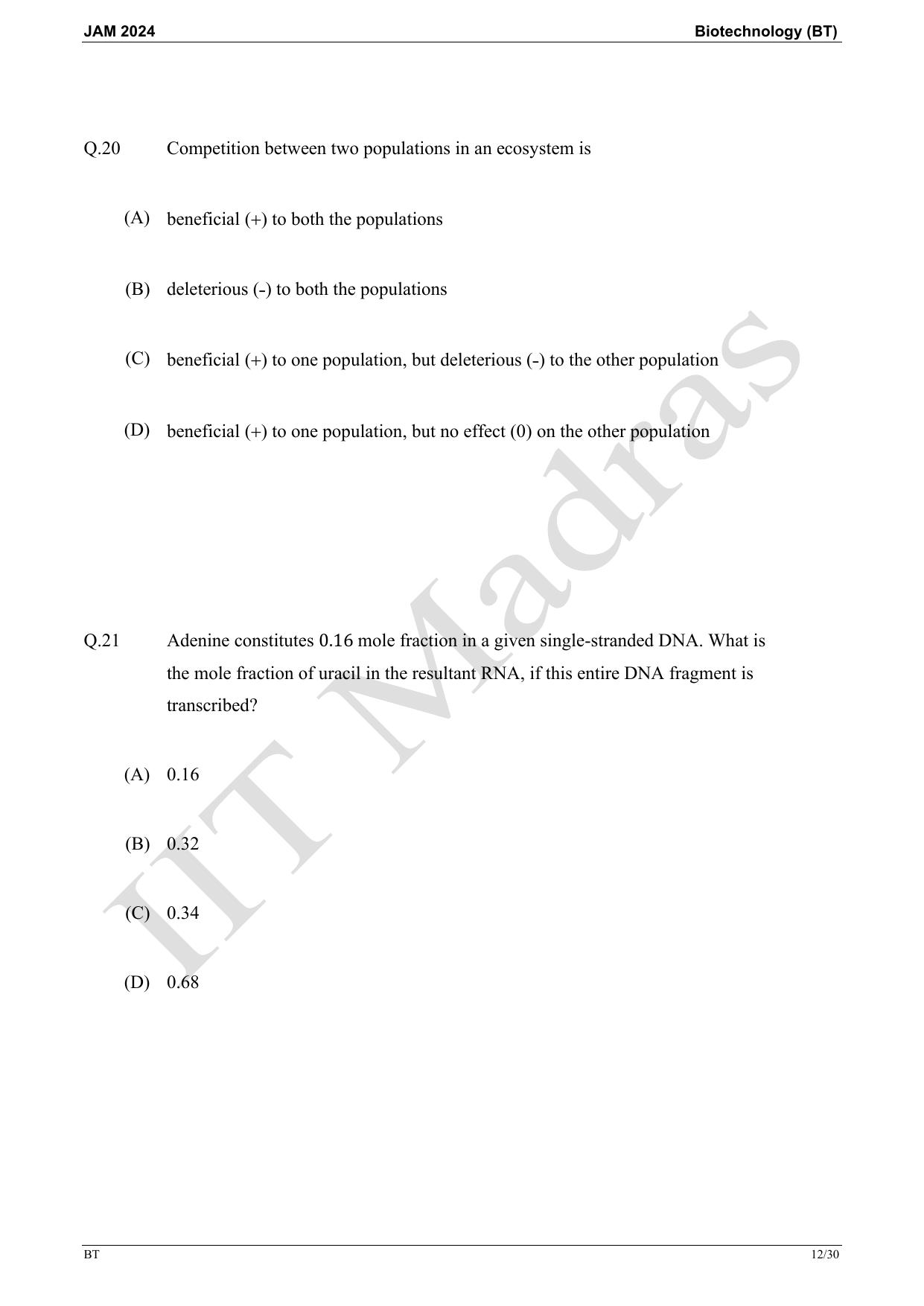 IIT JAM 2024 Biotechnology (BT) Master Question Paper - Page 12