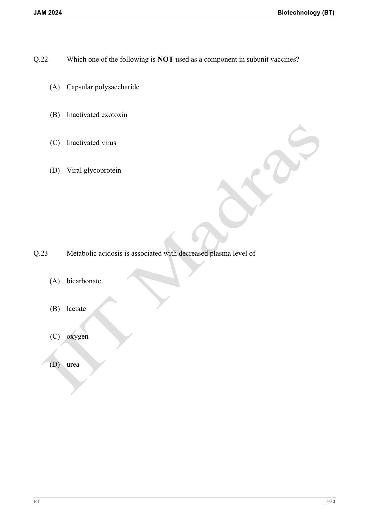 IIT JAM 2024 Biotechnology (BT) Master Question Paper - Page 13