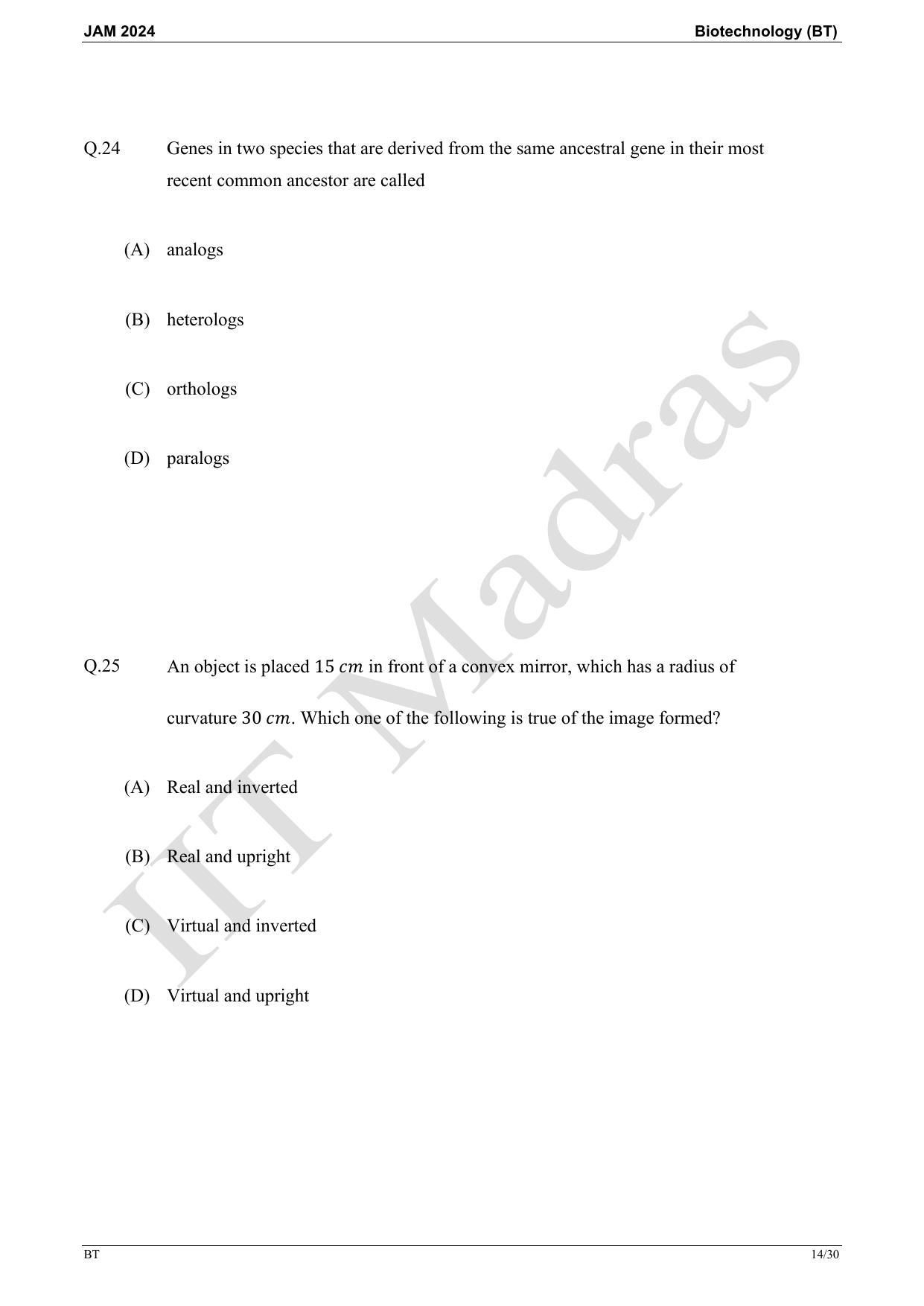 IIT JAM 2024 Biotechnology (BT) Master Question Paper - Page 14