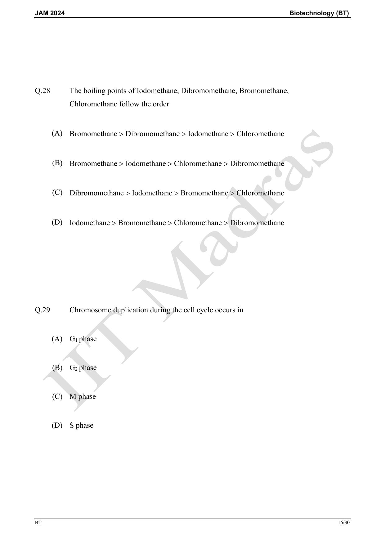 IIT JAM 2024 Biotechnology (BT) Master Question Paper - Page 16