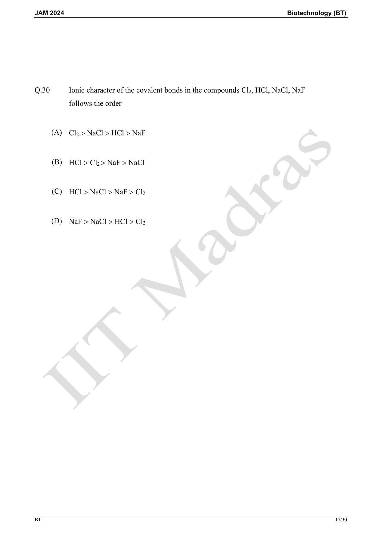 IIT JAM 2024 Biotechnology (BT) Master Question Paper - Page 17
