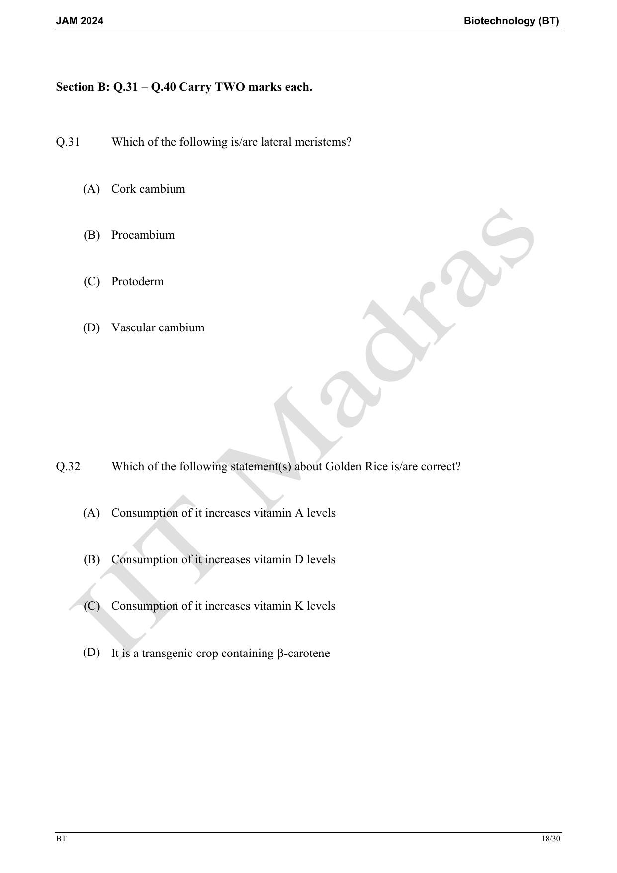 IIT JAM 2024 Biotechnology (BT) Master Question Paper - Page 18