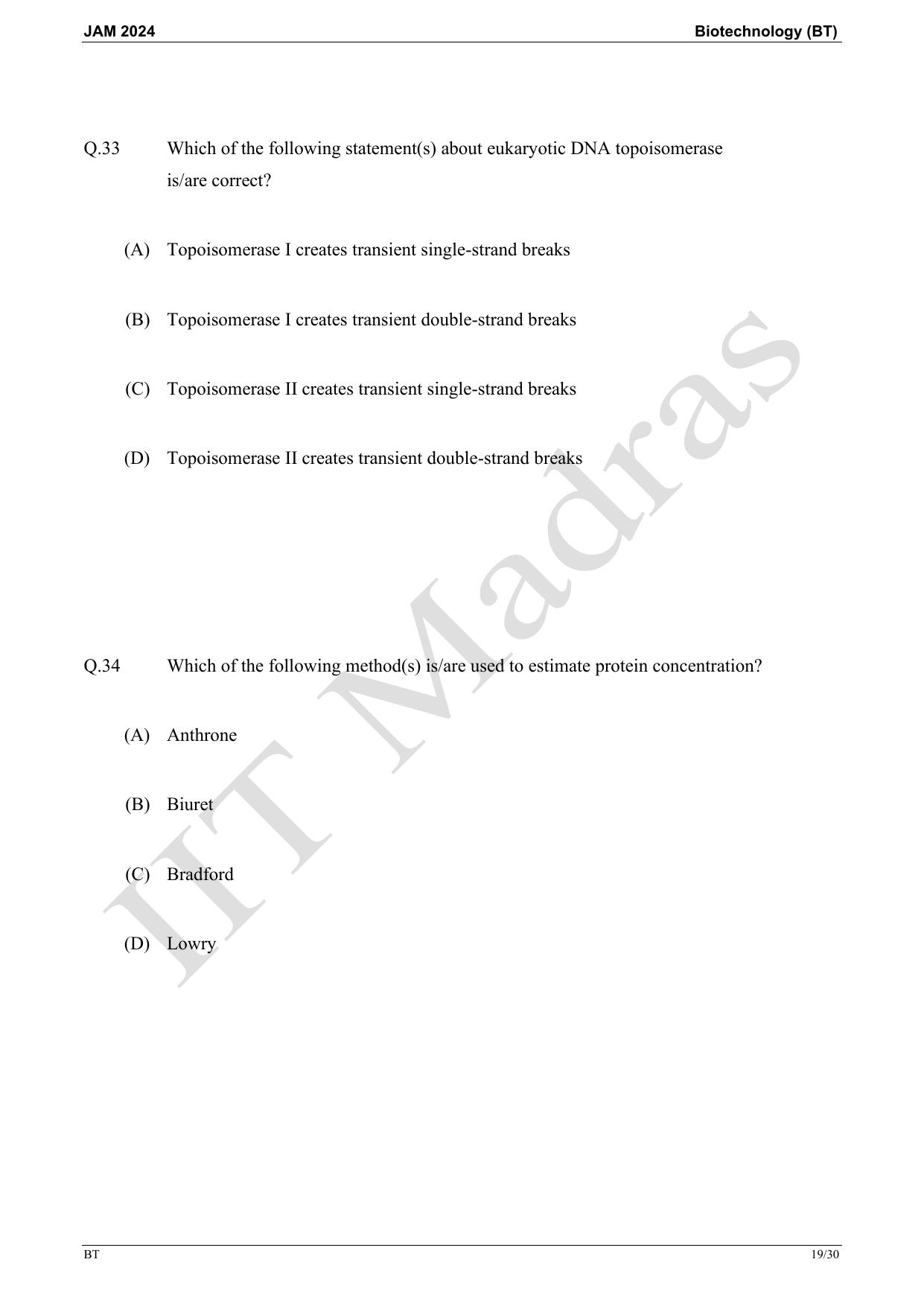 IIT JAM 2024 Biotechnology (BT) Master Question Paper - Page 19