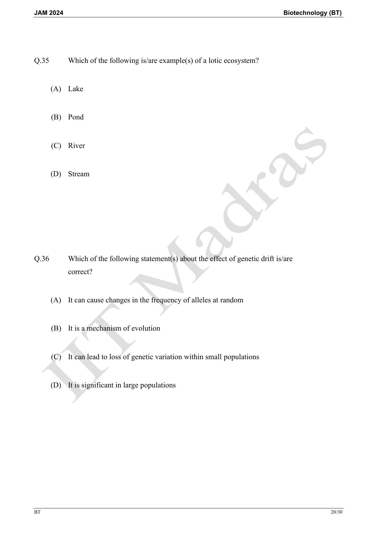 IIT JAM 2024 Biotechnology (BT) Master Question Paper - Page 20