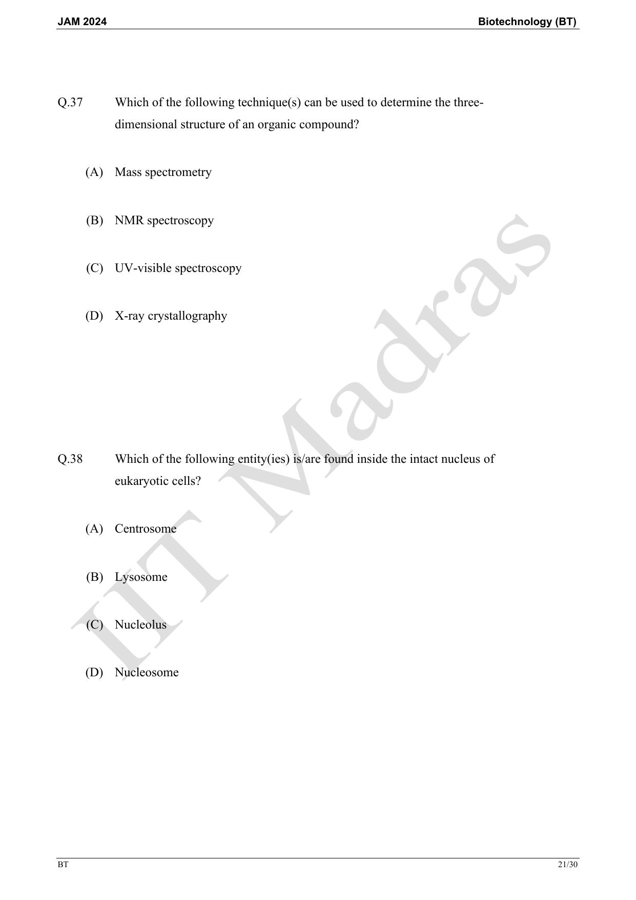 IIT JAM 2024 Biotechnology (BT) Master Question Paper - Page 21