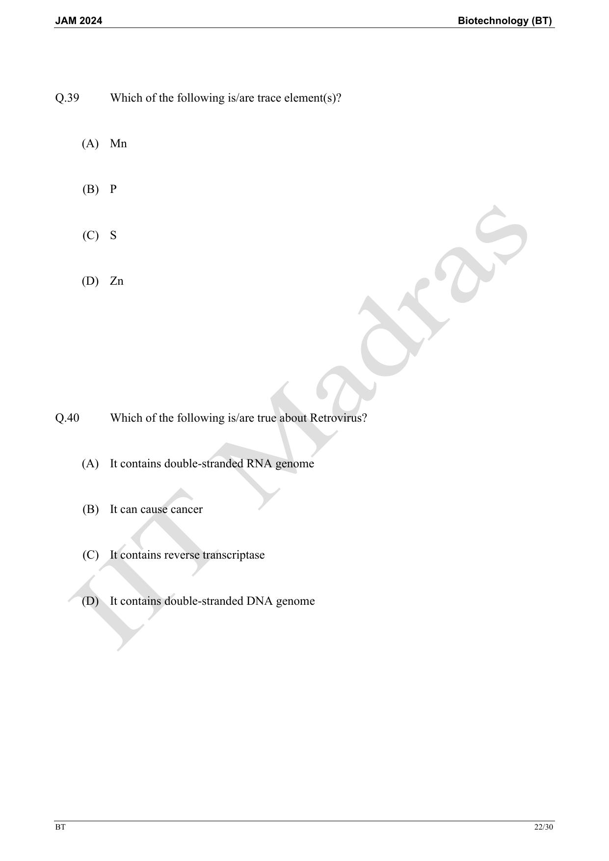 IIT JAM 2024 Biotechnology (BT) Master Question Paper - Page 22