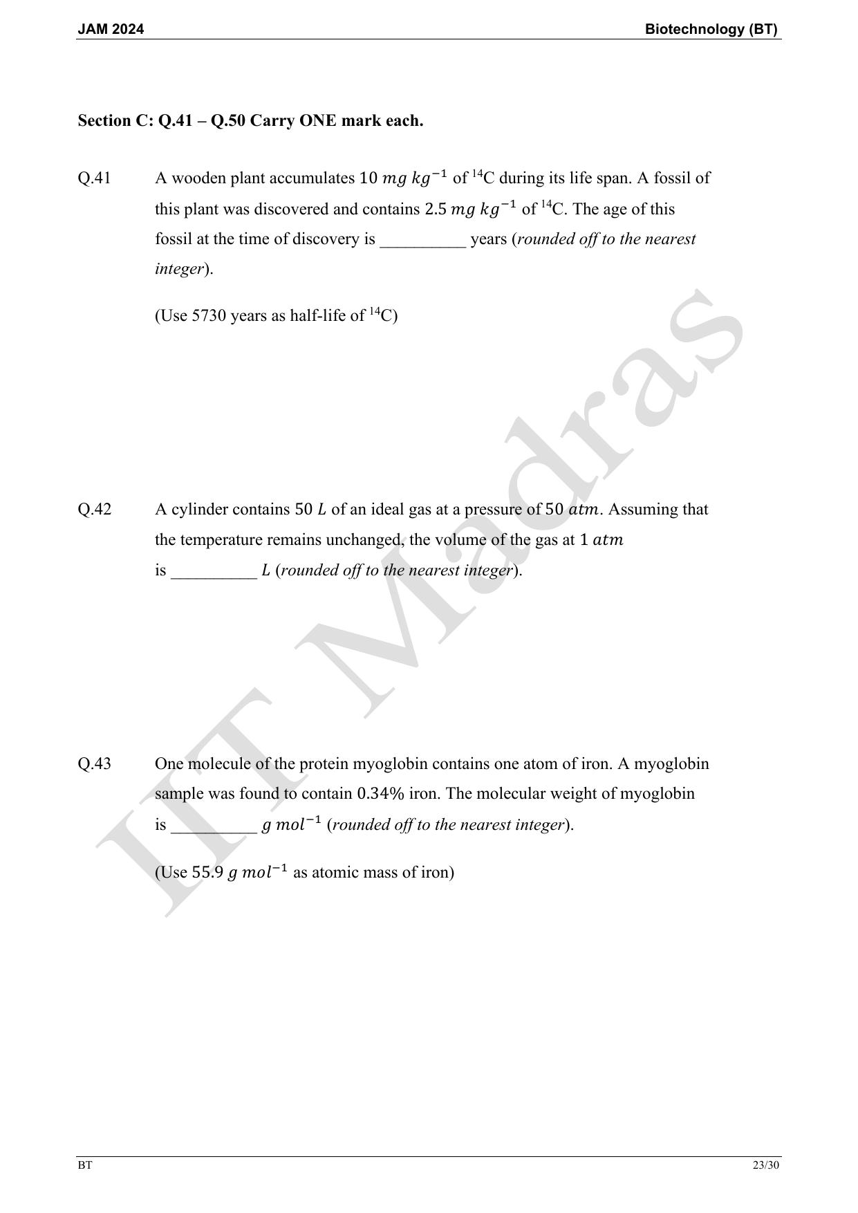 IIT JAM 2024 Biotechnology (BT) Master Question Paper - Page 23