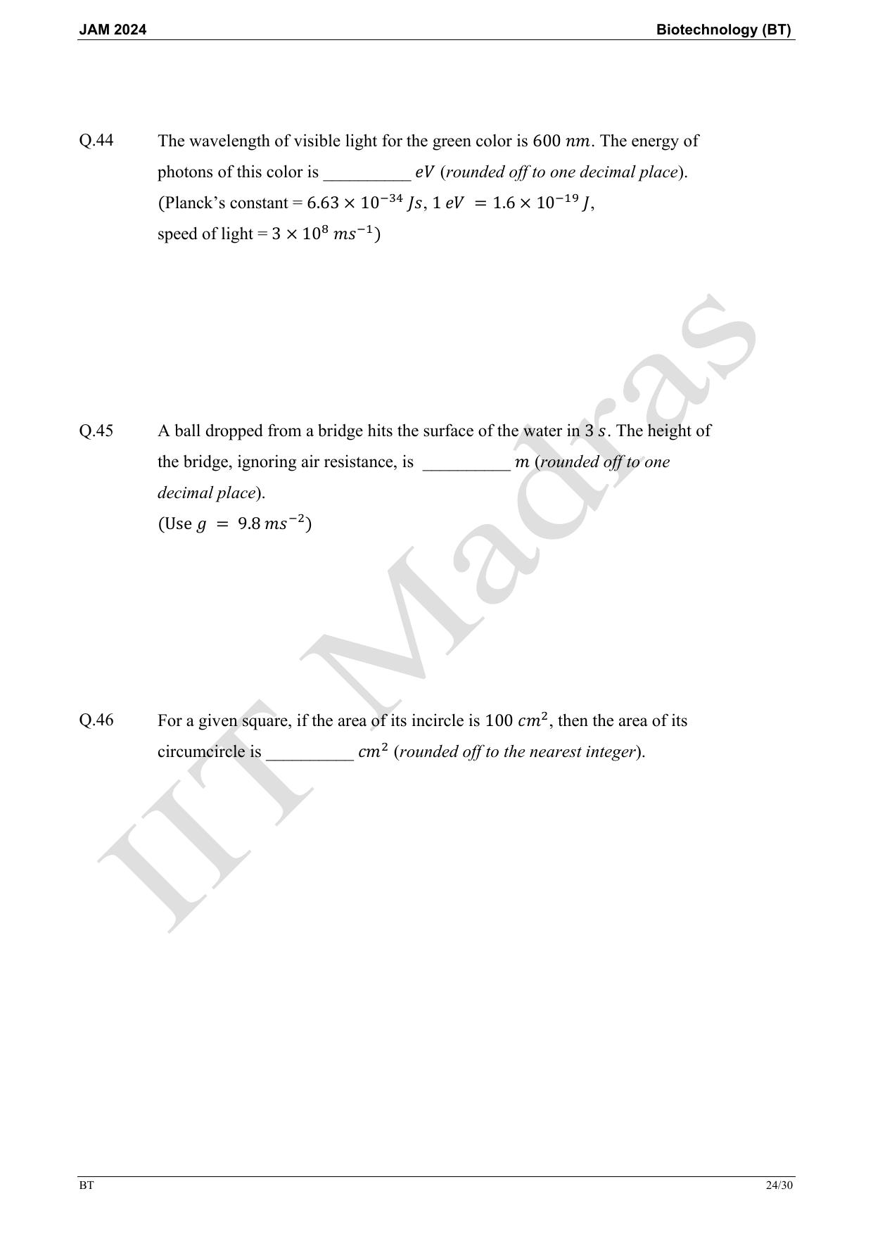 IIT JAM 2024 Biotechnology (BT) Master Question Paper - Page 24
