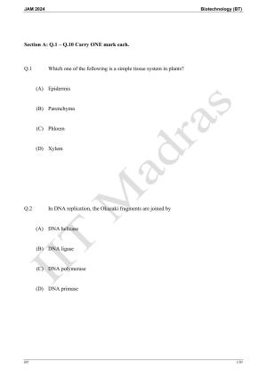 IIT JAM 2024 Biotechnology (BT) Master Question Paper