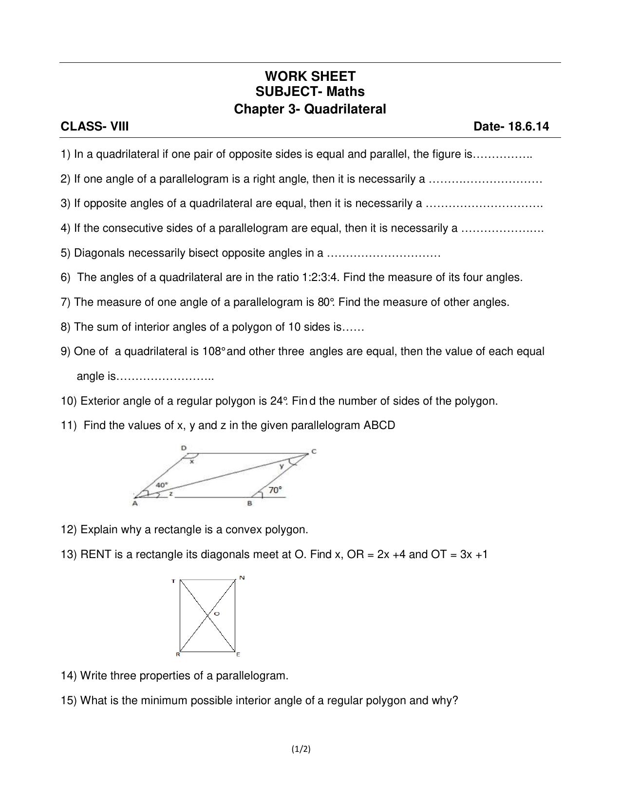 CBSE Worksheets for Class 8 Mathematics Understanding Quadrilaterals Assignment 3 - Page 1