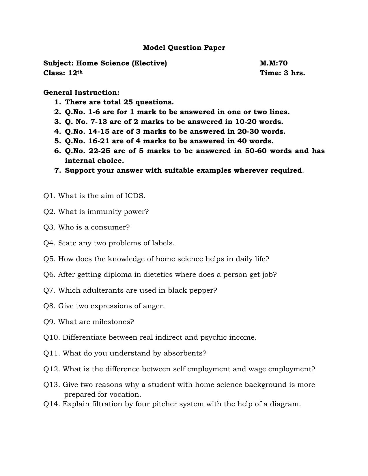 JKBOSE Class 12 Home Science (Elective) Model Question Paper - Page 1