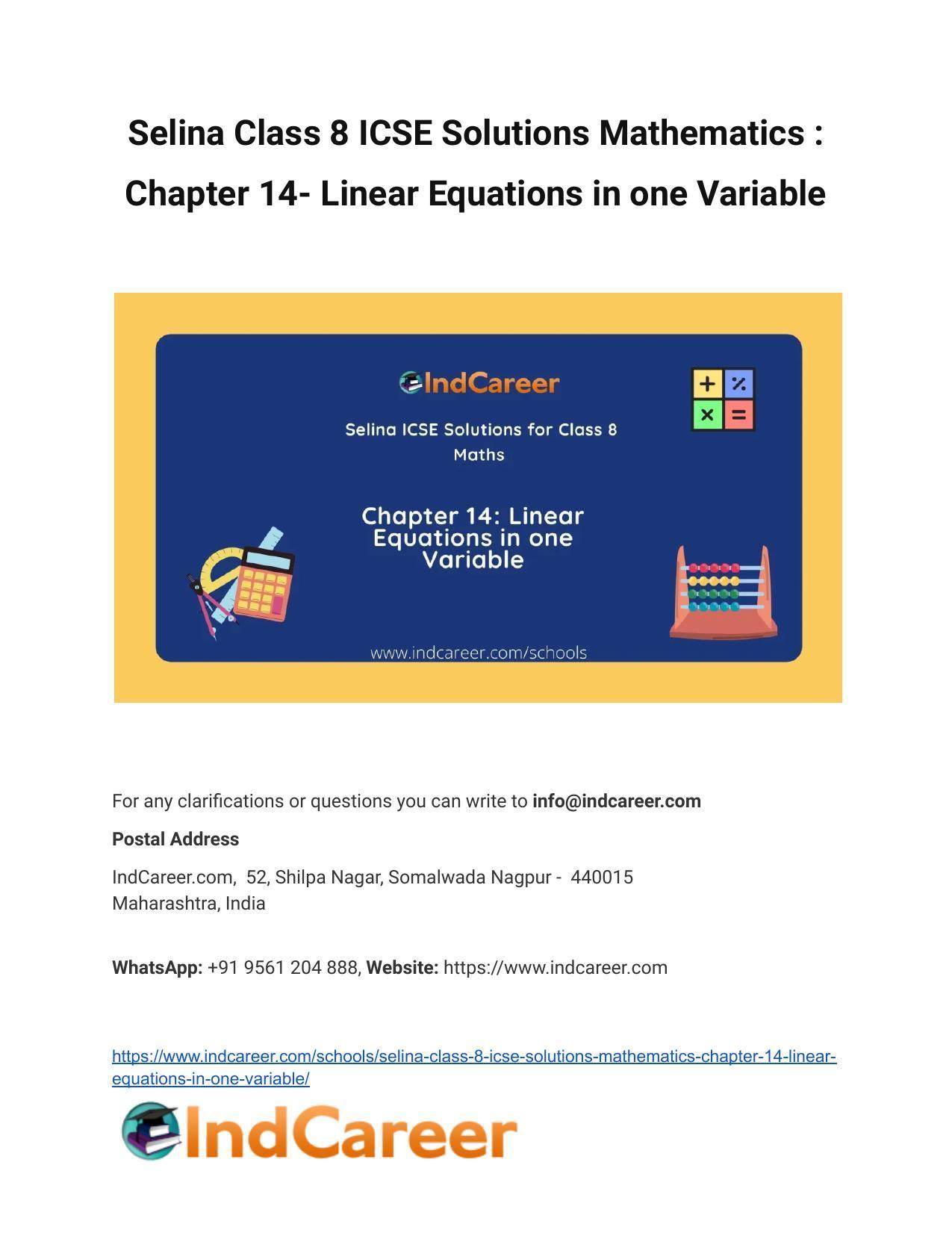Selina Class 8 ICSE Solutions Mathematics : Chapter 14- Linear Equations in one Variable - Page 1
