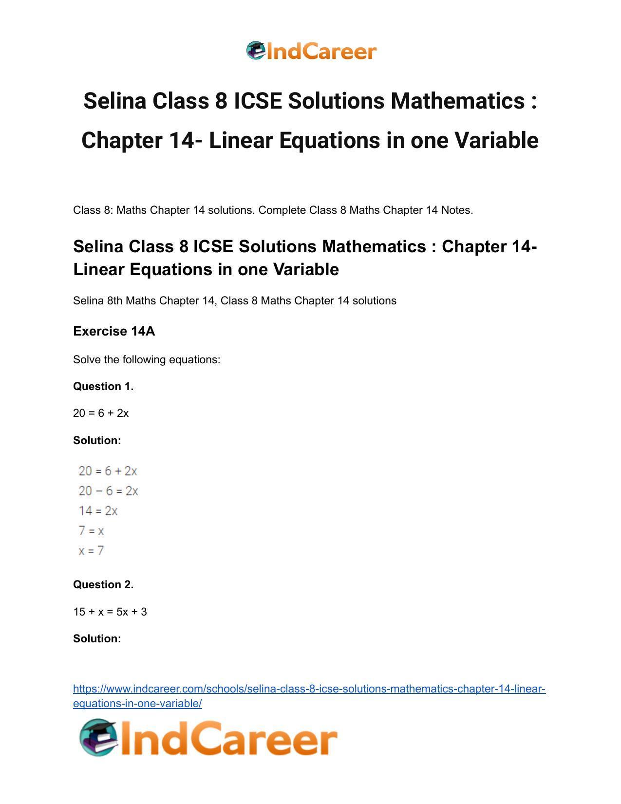 Selina Class 8 ICSE Solutions Mathematics : Chapter 14- Linear Equations in one Variable - Page 2