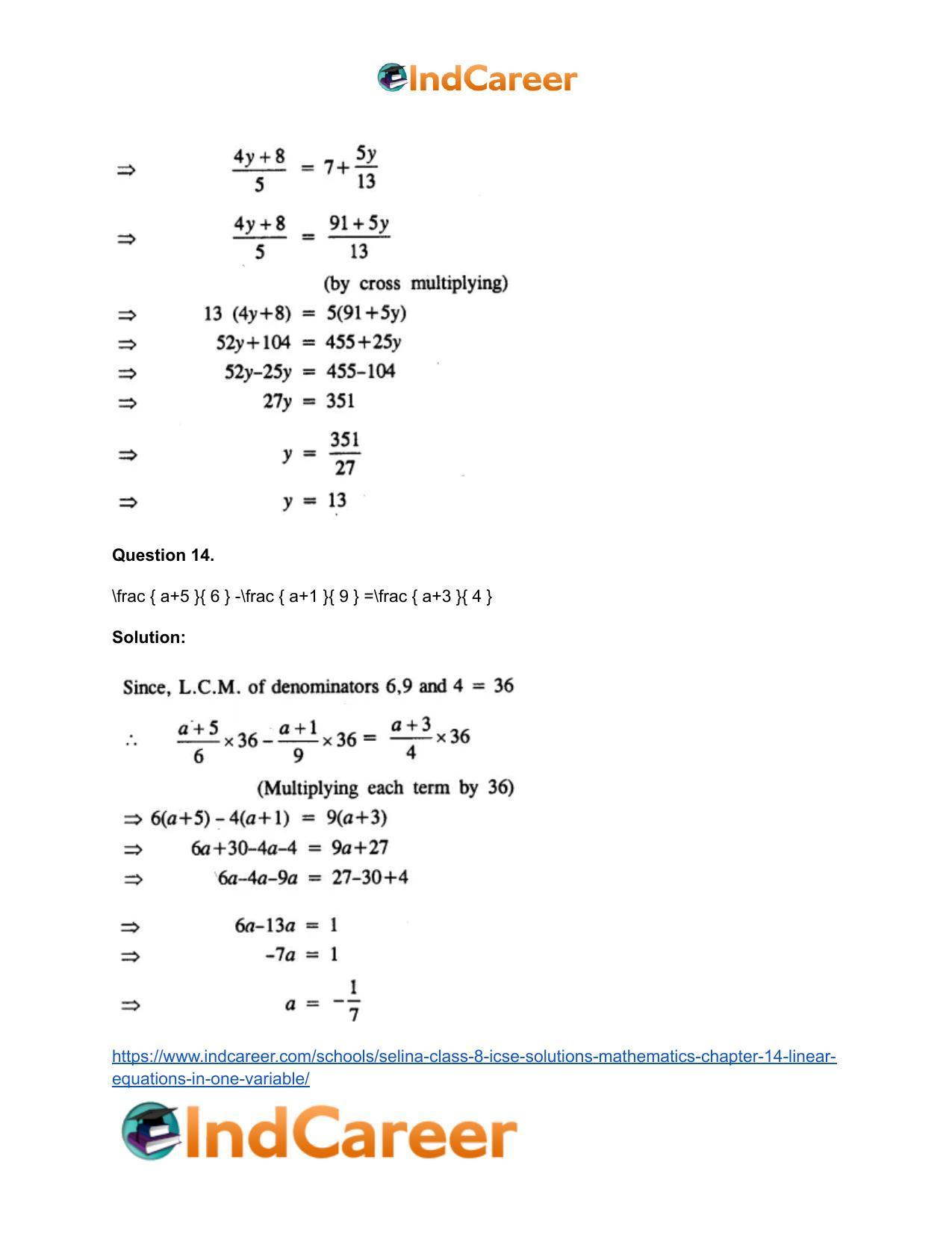 Selina Class 8 ICSE Solutions Mathematics : Chapter 14- Linear Equations in one Variable - Page 9
