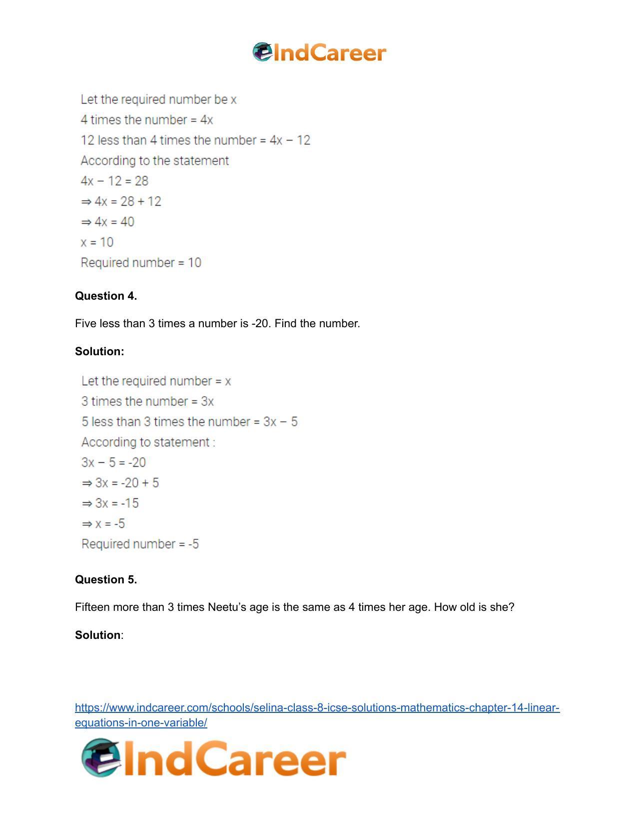 Selina Class 8 ICSE Solutions Mathematics : Chapter 14- Linear Equations in one Variable - Page 20