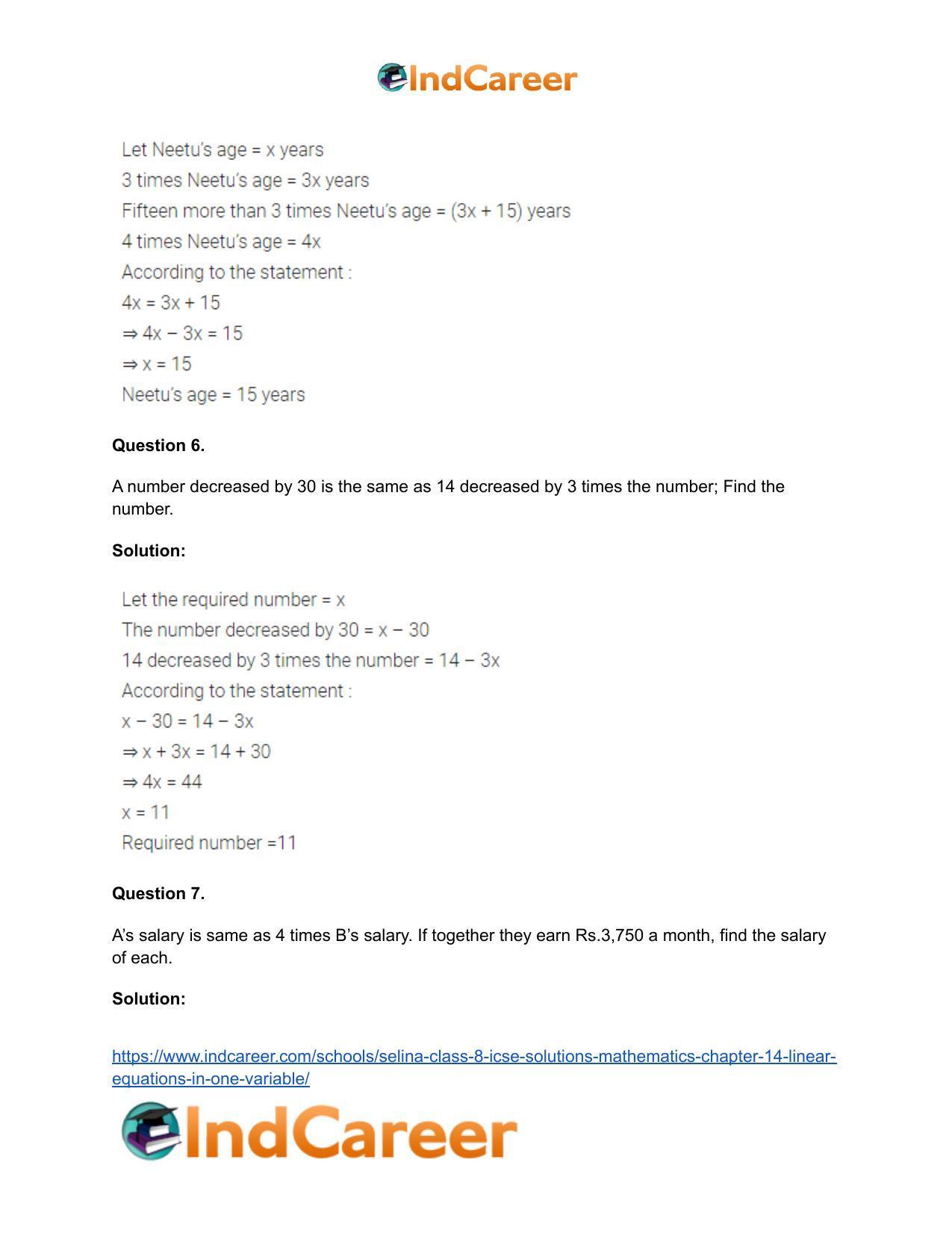 Selina Class 8 ICSE Solutions Mathematics : Chapter 14- Linear Equations in one Variable - Page 21