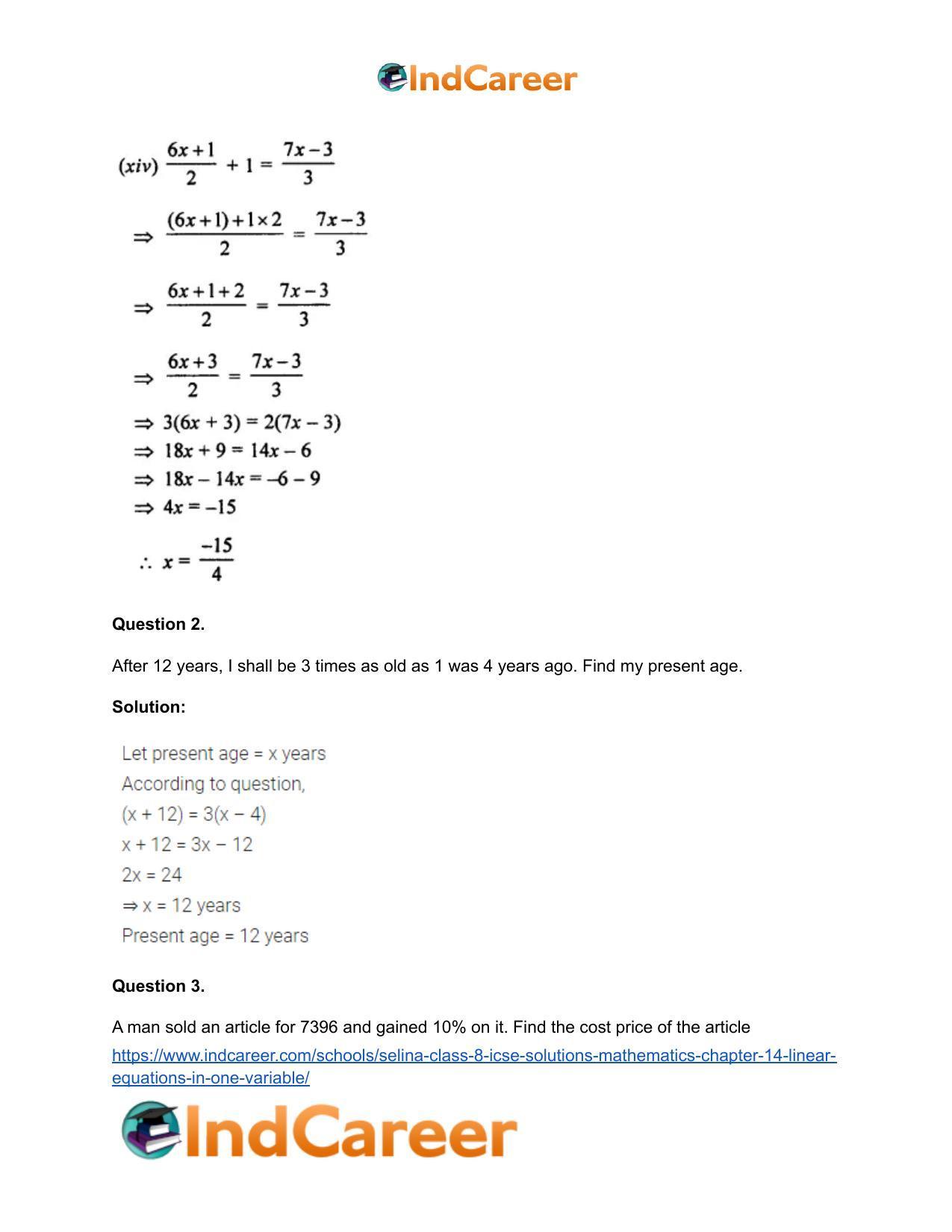 Selina Class 8 ICSE Solutions Mathematics : Chapter 14- Linear Equations in one Variable - Page 45