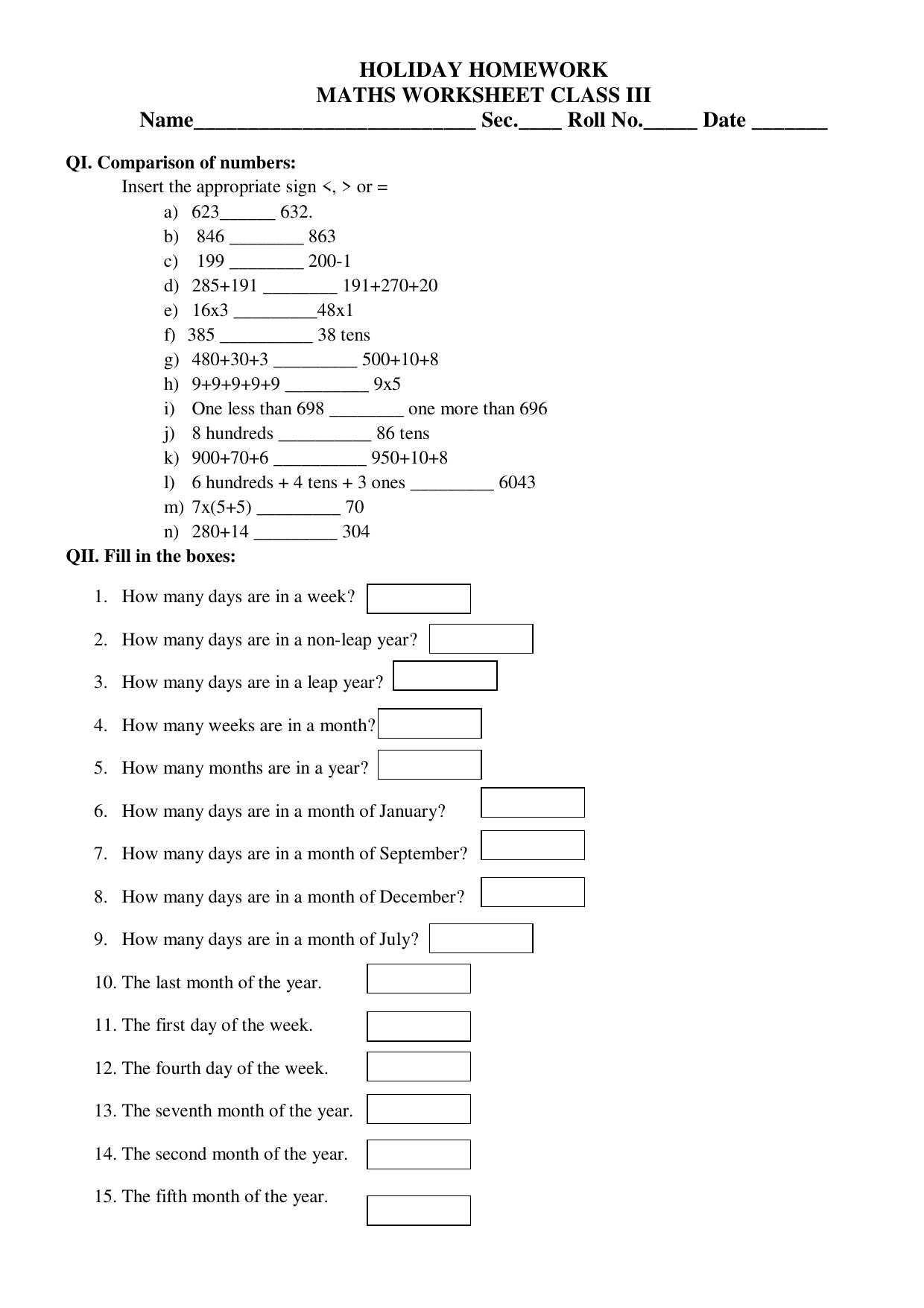 Worksheet for Class 3 Mathematics Assignment 102 - Page 1