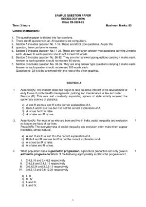 CBSE Class 12 Sociology Sample Question Paper 2024-25
