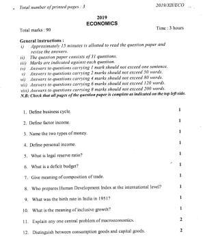 Nagaland Board Class 12 Economics 2019 Question Papers