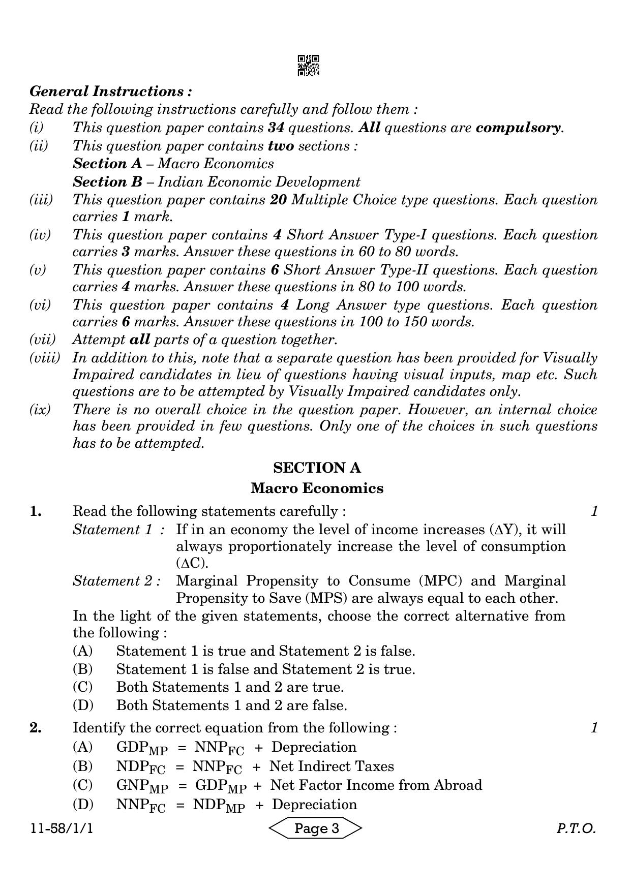 CBSE Class 12 58-1-1 Economics 2024 Question Paper - Page 3