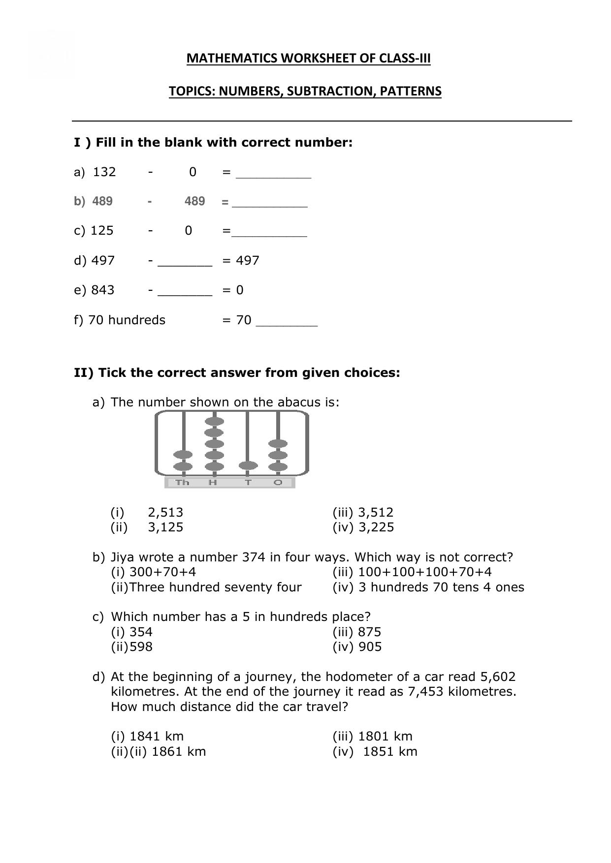 Worksheet for Class 3 Mathematics Numbers Subtraction Patterns Assignment - Page 1