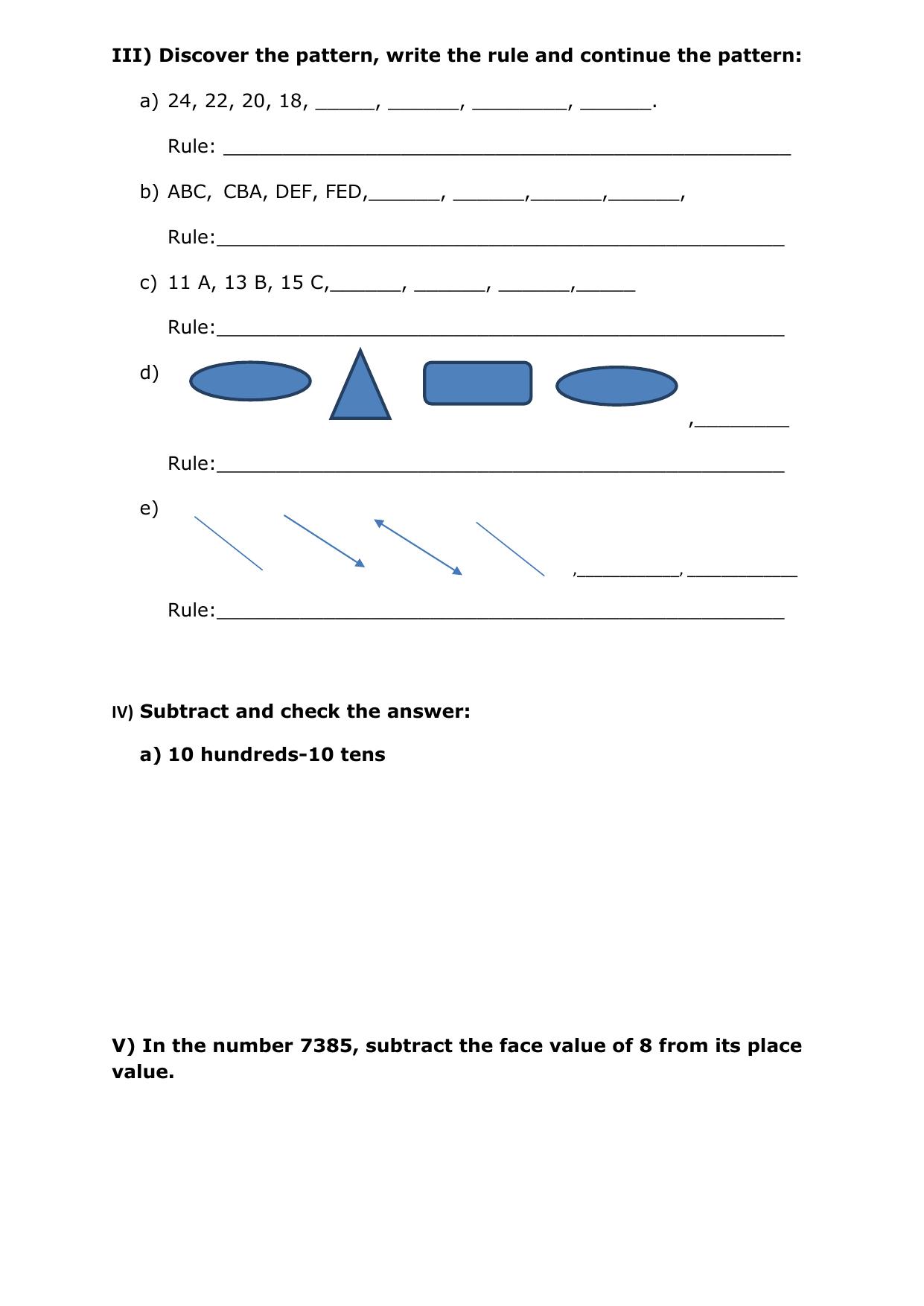 Worksheet for Class 3 Mathematics Numbers Subtraction Patterns Assignment - Page 2