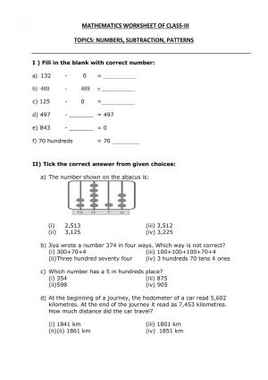 Worksheet for Class 3 Mathematics Numbers Subtraction Patterns Assignment