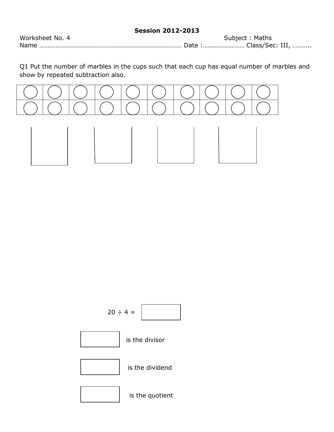 Worksheet for Class 3 Mathematics Assignment 11 - Page 1