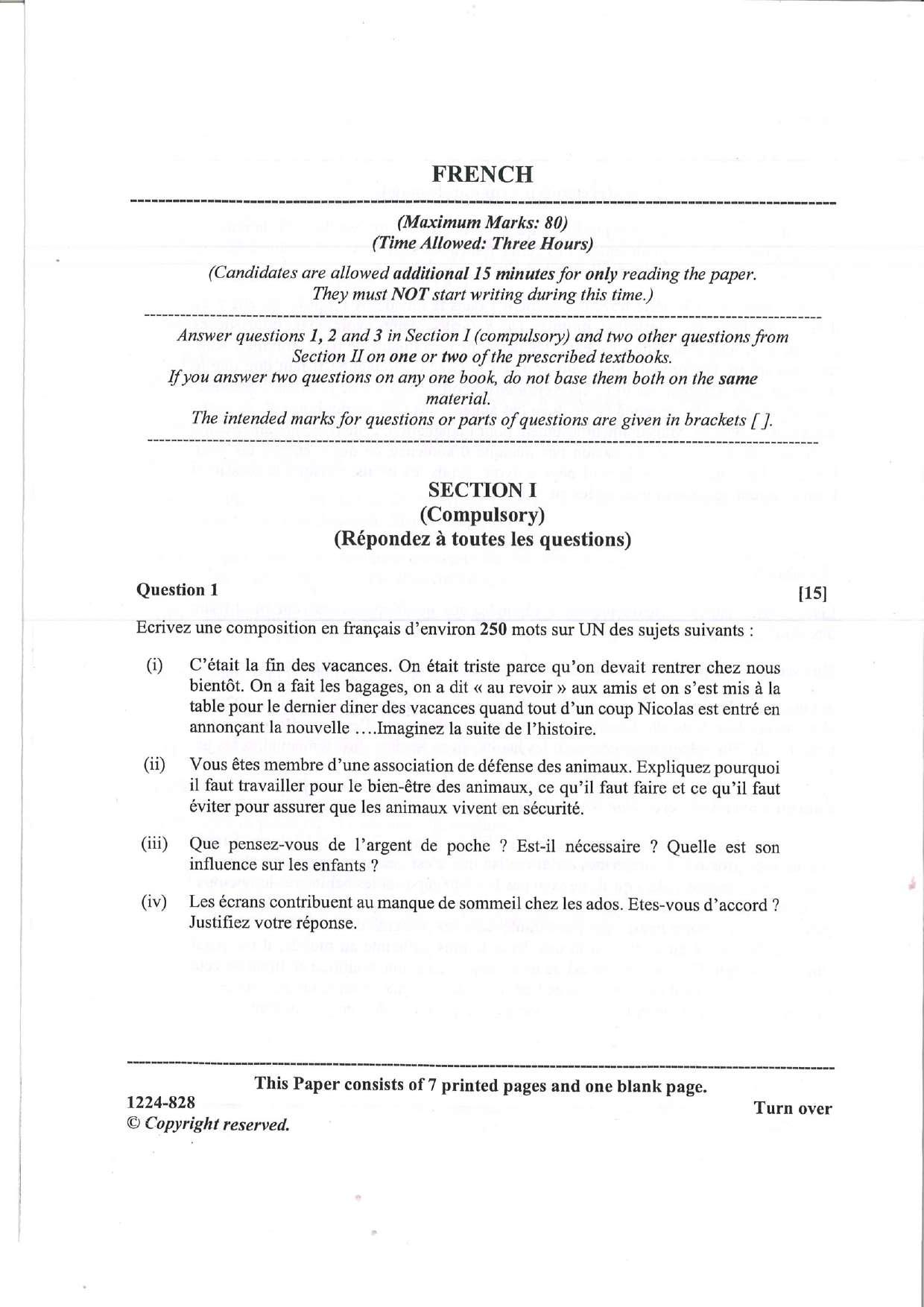ISC Class 12 French 2024 Question Paper - Page 1