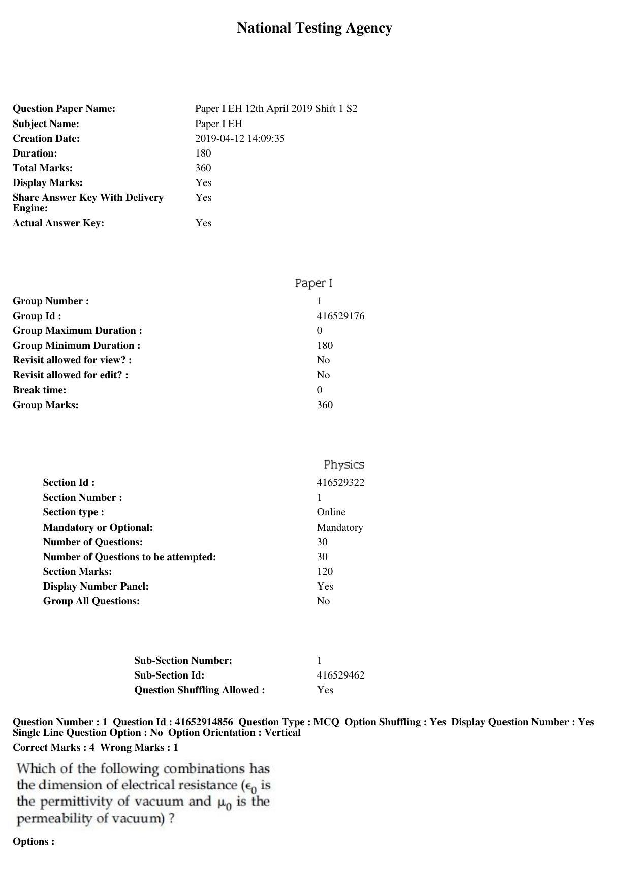 JEE Main 2019 Paper I Question Paper (12th April 2019 Shift 1) - Page 1