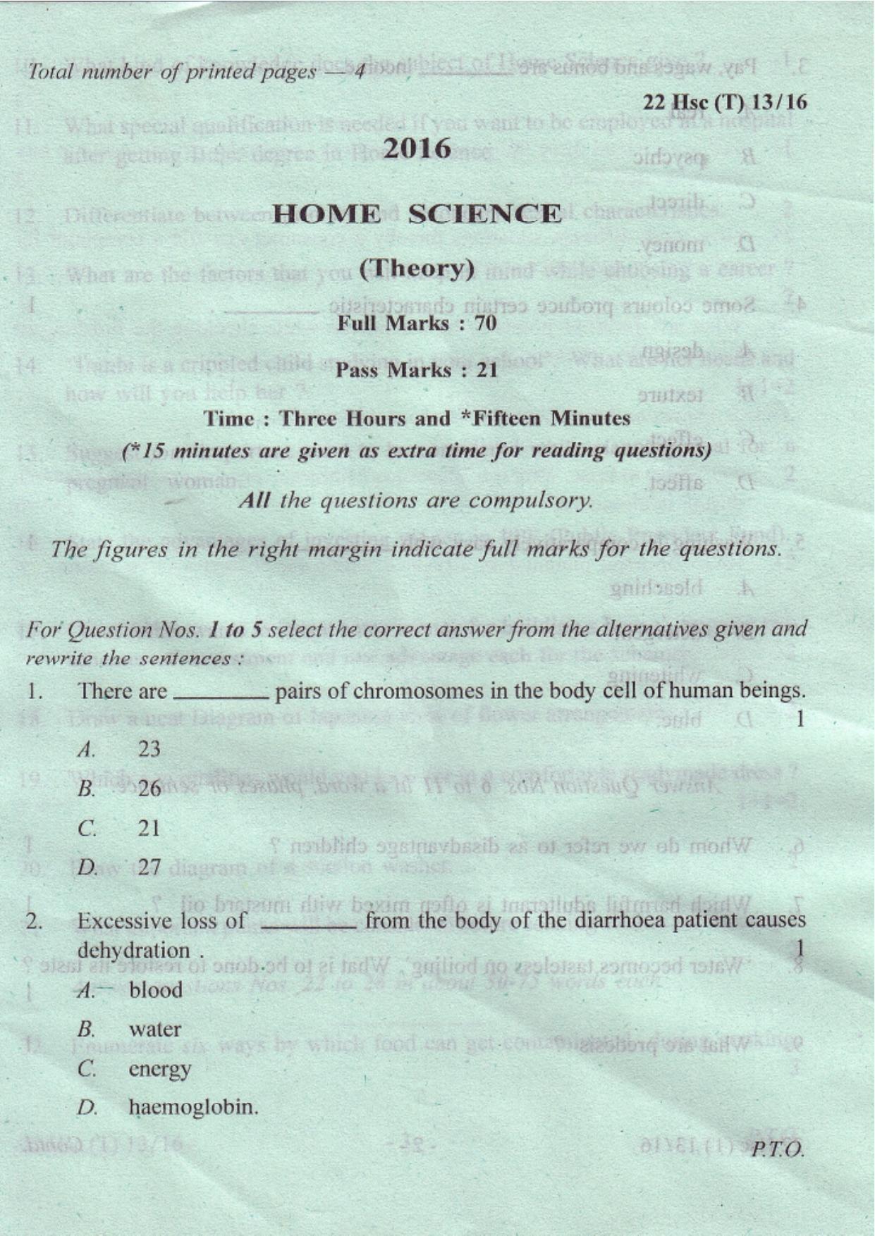 COHSEM Class 12 Home Science 2016 Question Papers - Page 1
