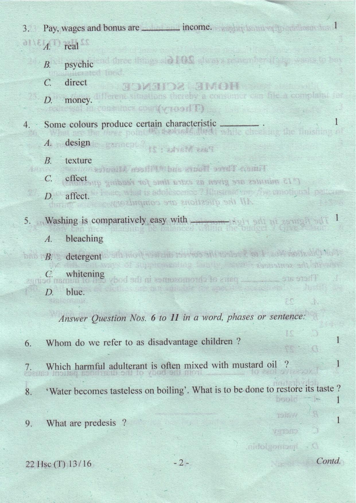COHSEM Class 12 Home Science 2016 Question Papers - Page 2
