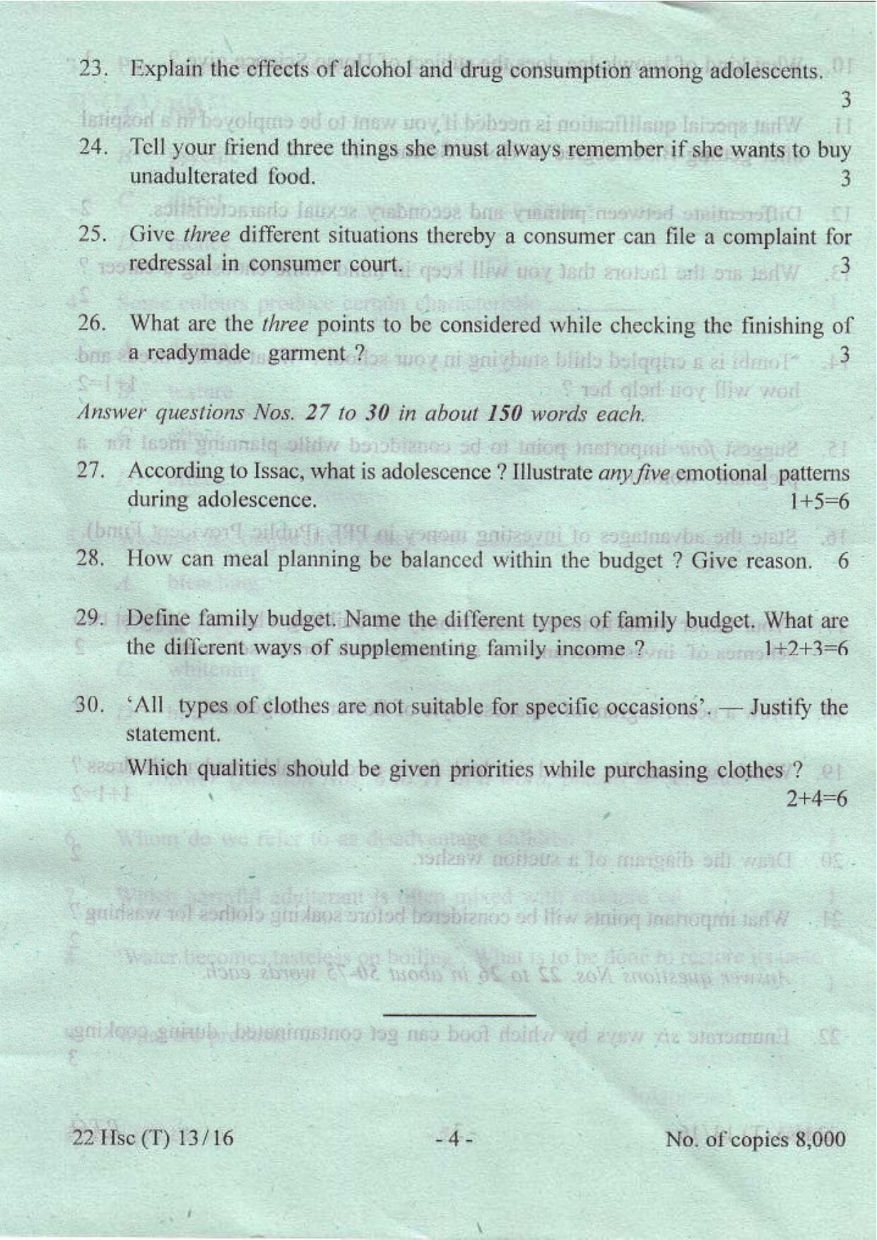 COHSEM Class 12 Home Science 2016 Question Papers - Page 4