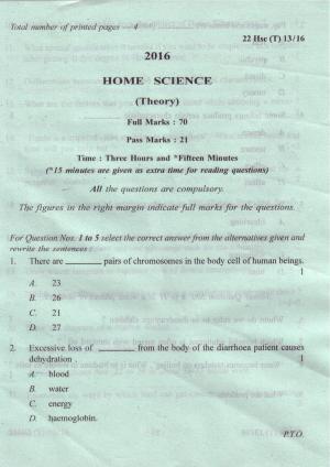 COHSEM Class 12 Home Science 2016 Question Papers