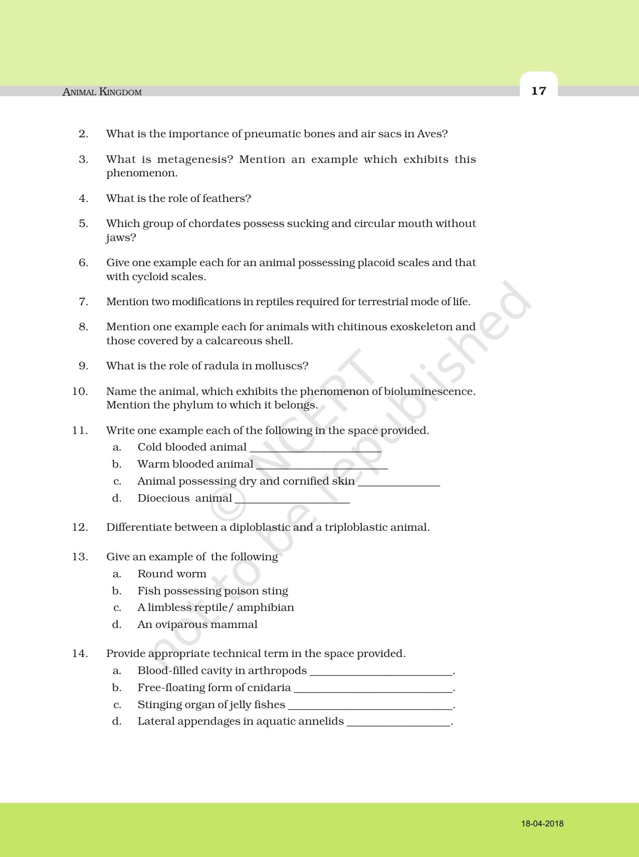 NCERT Exemplar Book for Class 11 Biology Chapter 4 Animal Kingdom