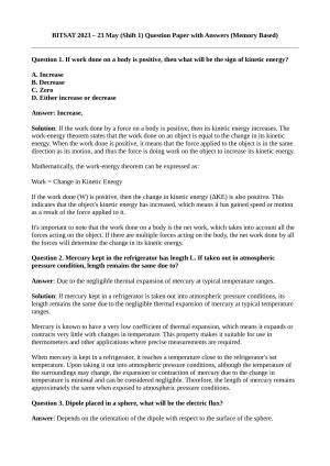 BITSAT Shift 1 (23 May, 2023) Question Paper 2023 Question Paper