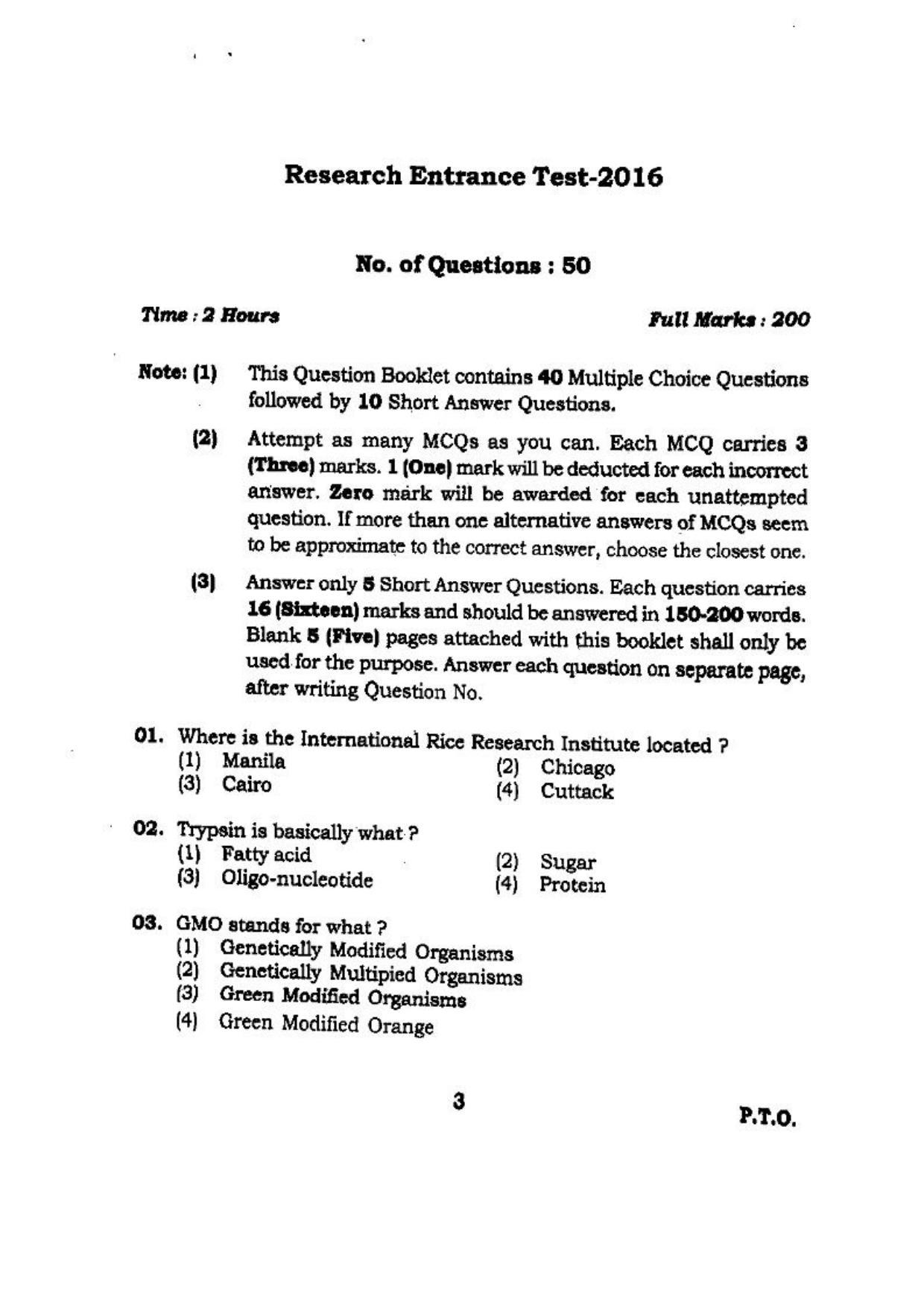 BHU RET (Agriculture) Mycology & Plant Pathology 2016 Question Paper - Page 3