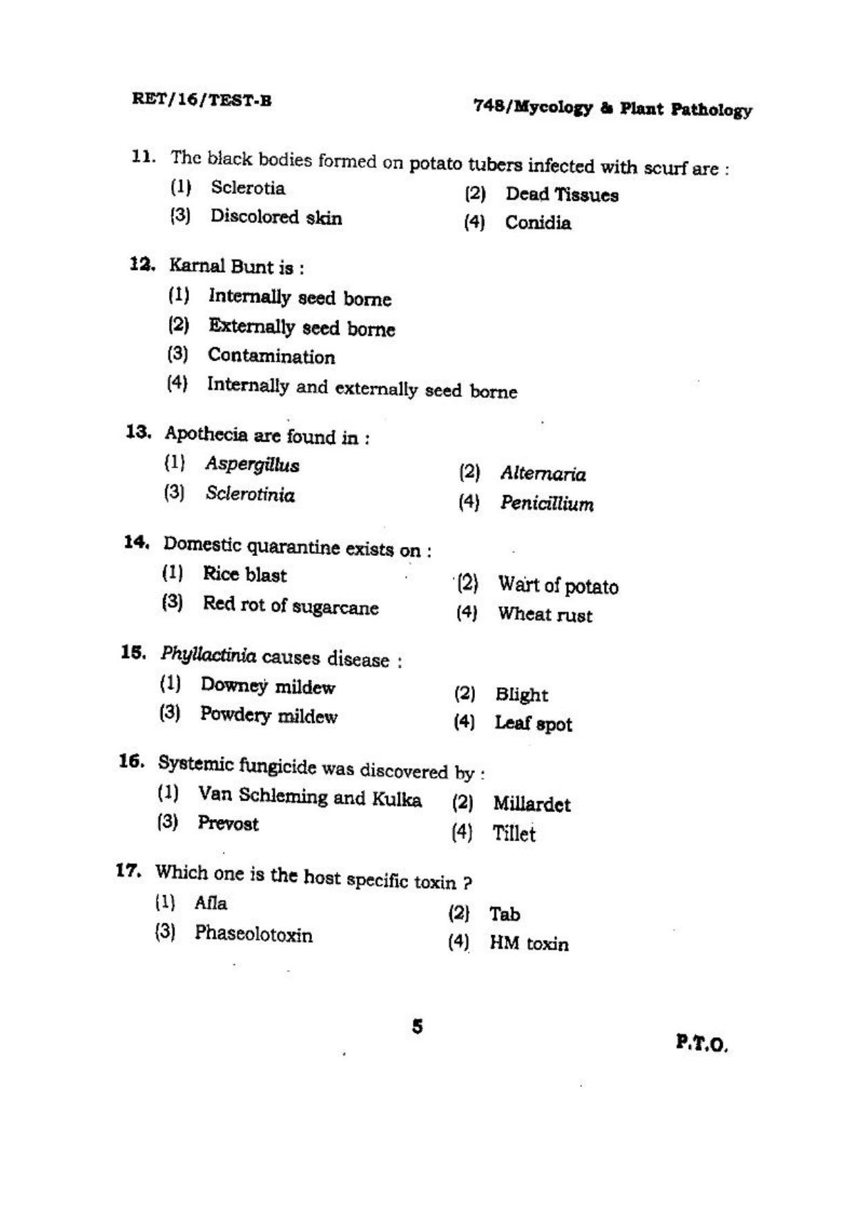 BHU RET (Agriculture) Mycology & Plant Pathology 2016 Question Paper - Page 5