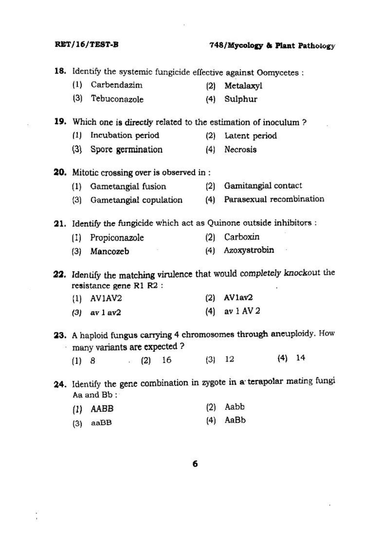 BHU RET (Agriculture) Mycology & Plant Pathology 2016 Question Paper - Page 6